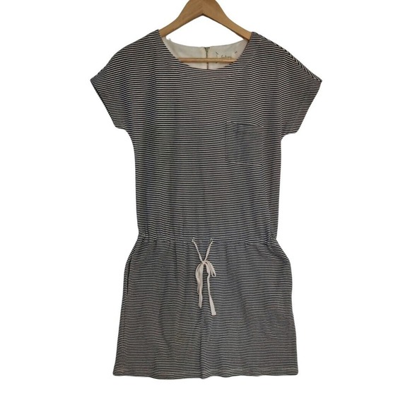 Lou & Grey XS Drawstring Cotton Blend Mini Dress with Pockets Gray White Stripe - Picture 1 of 10
